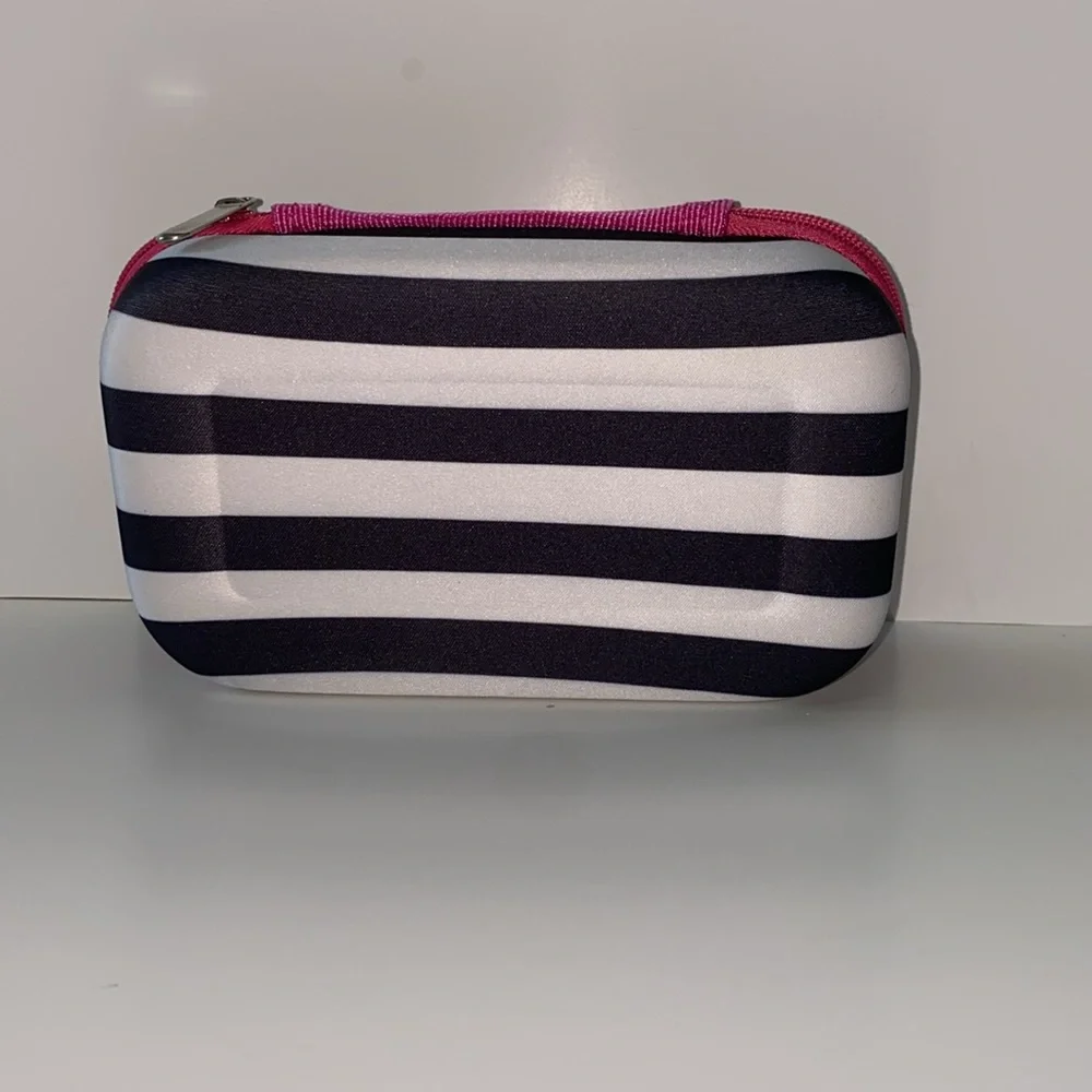 Barbie Girls Pencil Box Striped Pink & Black Durable Cosmetic Bag/Case w/ Pens